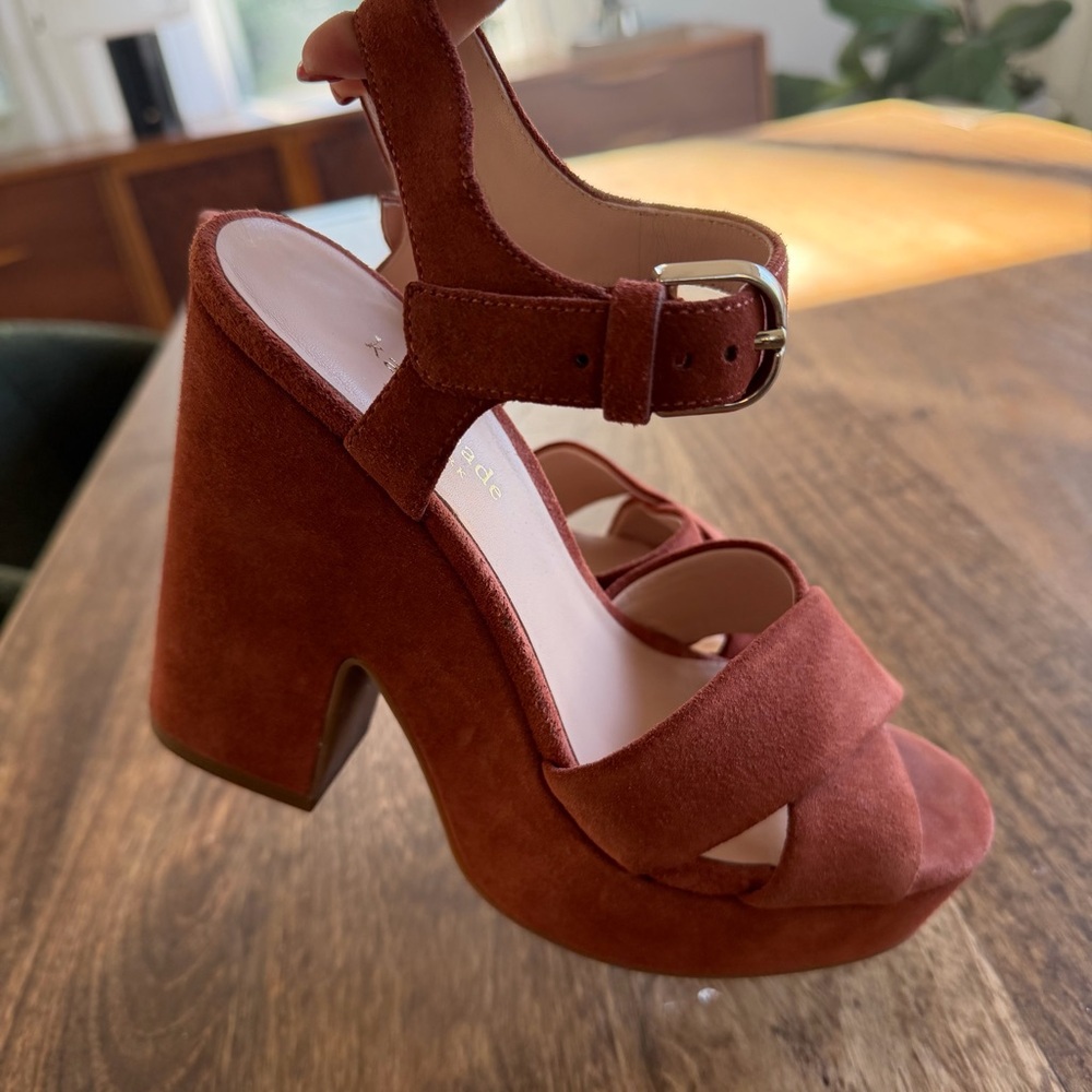 Kate Spade Suede Platform Block Heel Sandals • 6.5 • Rust Cognac • Ankle Strap - Picture 7 of 8